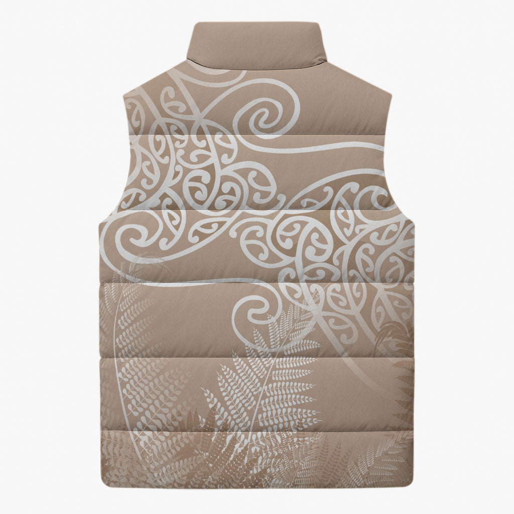 Aotearoa Maori Koru Curves Sleeveless Puffer Jacket Silver Ferns - Mocha LT7 - Polynesian Pride
