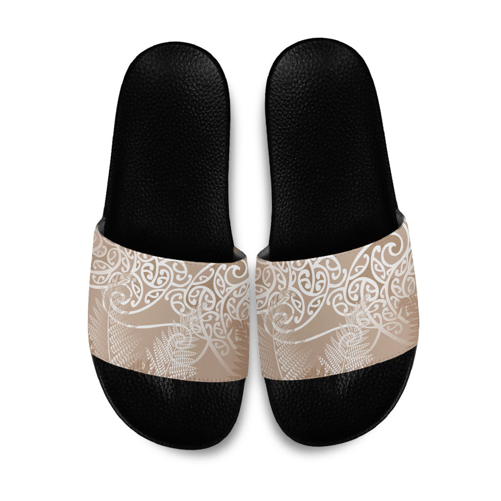 Aotearoa Maori Koru Curves Slide Sandals Silver Ferns - Mocha LT7 Beige - Polynesian Pride