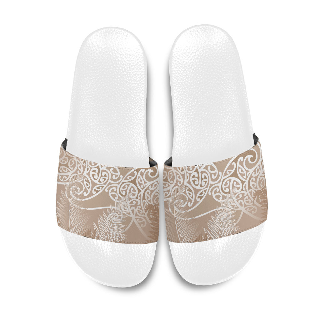 Aotearoa Maori Koru Curves Slide Sandals Silver Ferns - Mocha LT7 Beige - Polynesian Pride