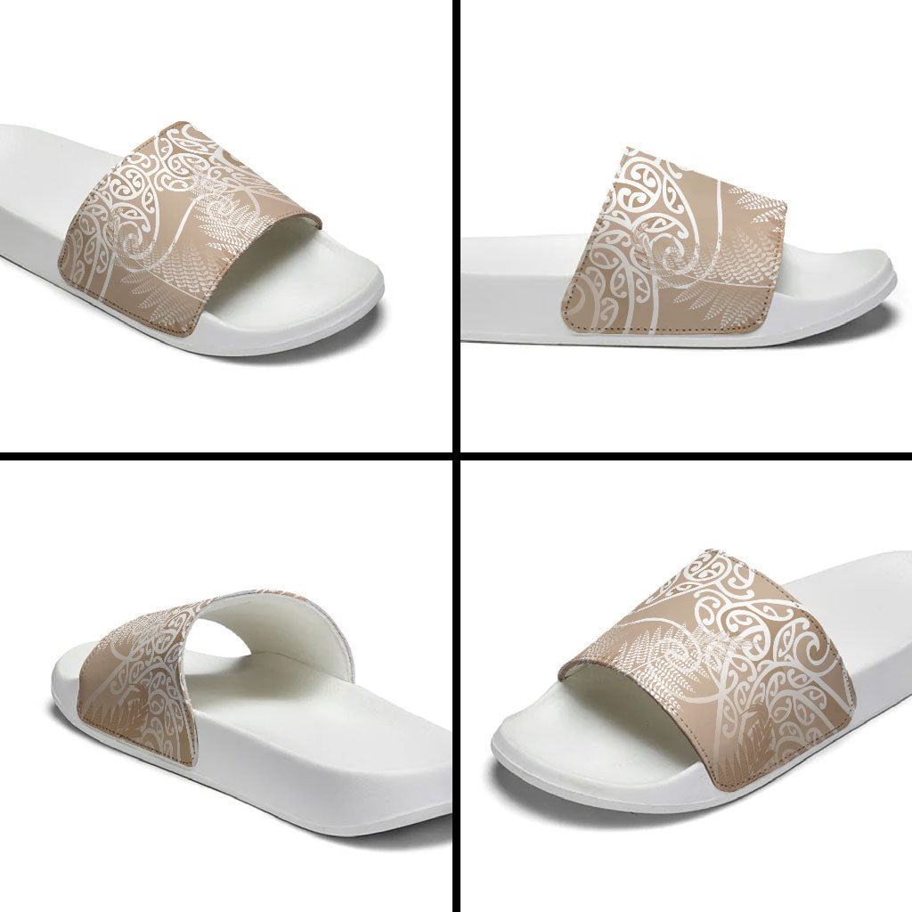 Aotearoa Maori Koru Curves Slide Sandals Silver Ferns - Mocha LT7 - Polynesian Pride