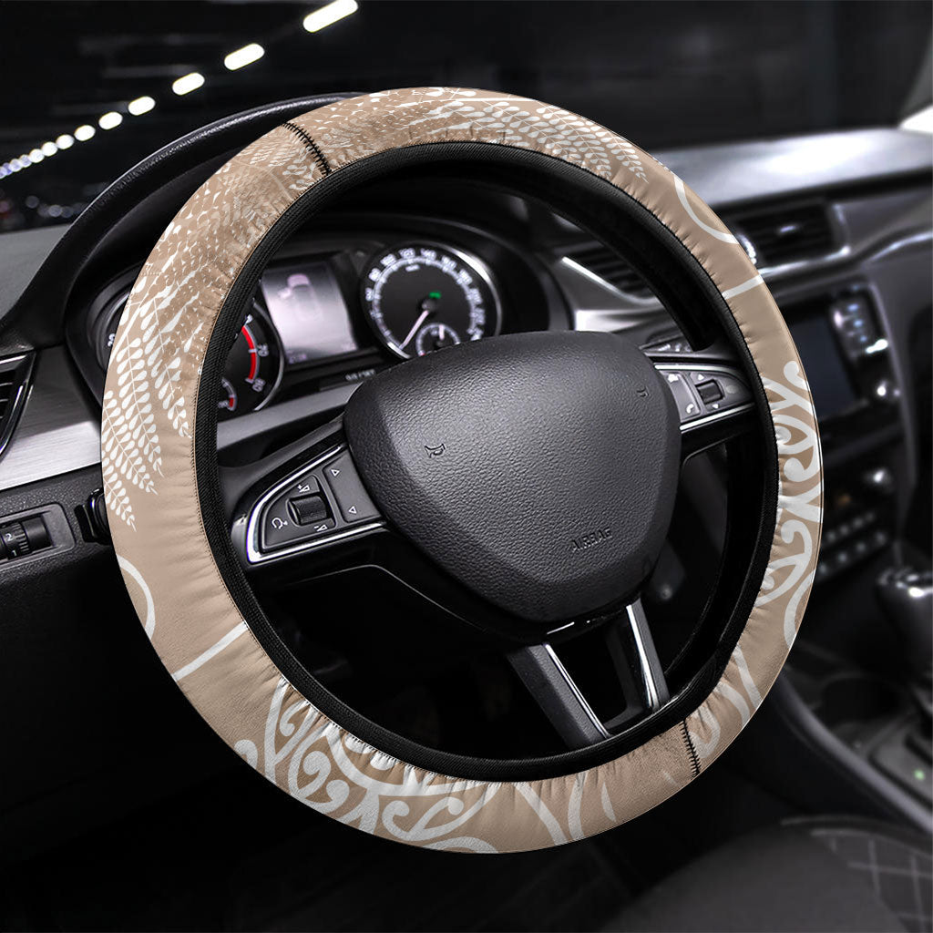 Aotearoa Maori Koru Curves Steering Wheel Cover Silver Ferns - Mocha LT7 Universal Fit Beige - Polynesian Pride