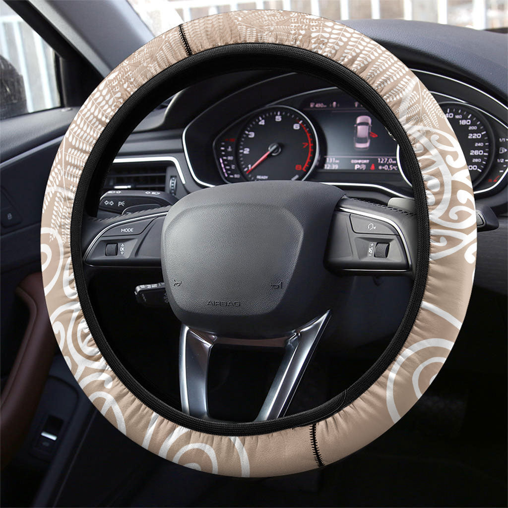Aotearoa Maori Koru Curves Steering Wheel Cover Silver Ferns - Mocha LT7 - Polynesian Pride
