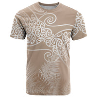 Aotearoa Maori Koru Curves T Shirt Silver Ferns - Mocha LT7 Beige - Polynesian Pride