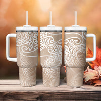 Aotearoa Maori Koru Curves Tumbler With Handle Silver Ferns - Mocha LT7 - Polynesian Pride