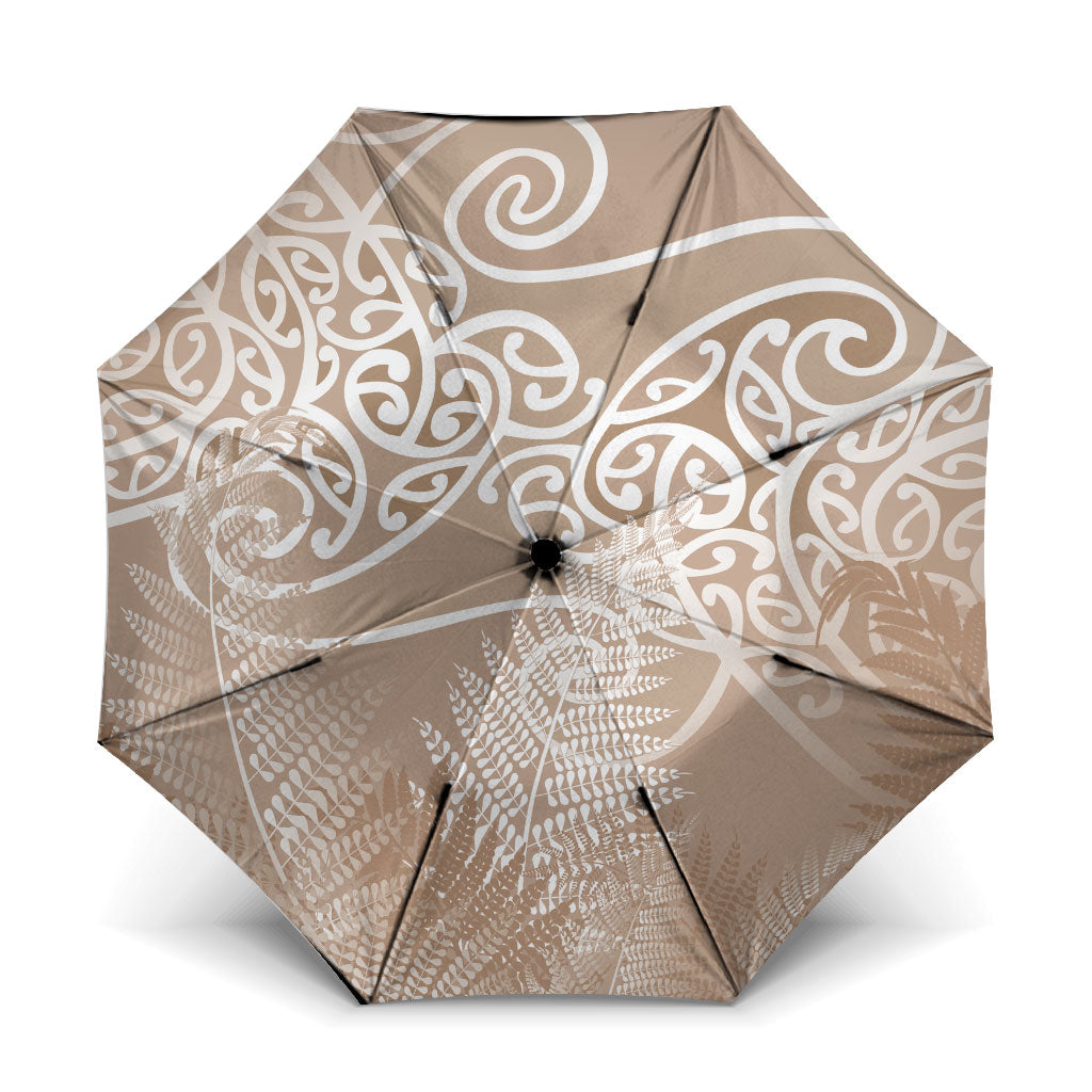 Aotearoa Maori Koru Curves Umbrella Silver Ferns - Mocha LT7 One Size Folded 11.42 inch Opened Diameter 37.4 inch Beige - Polynesian Pride