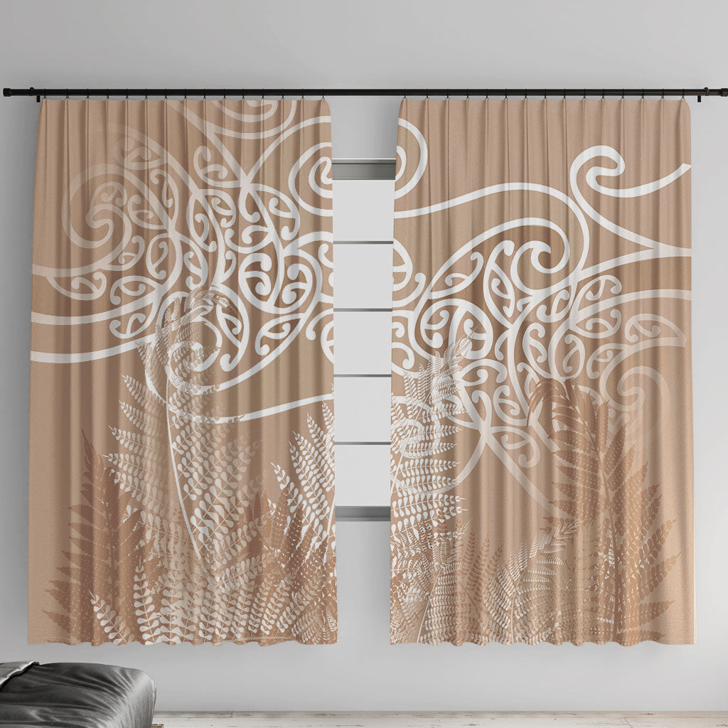 Aotearoa Maori Koru Curves Window Curtain Silver Ferns - Mocha LT7 With Hooks Beige - Polynesian Pride