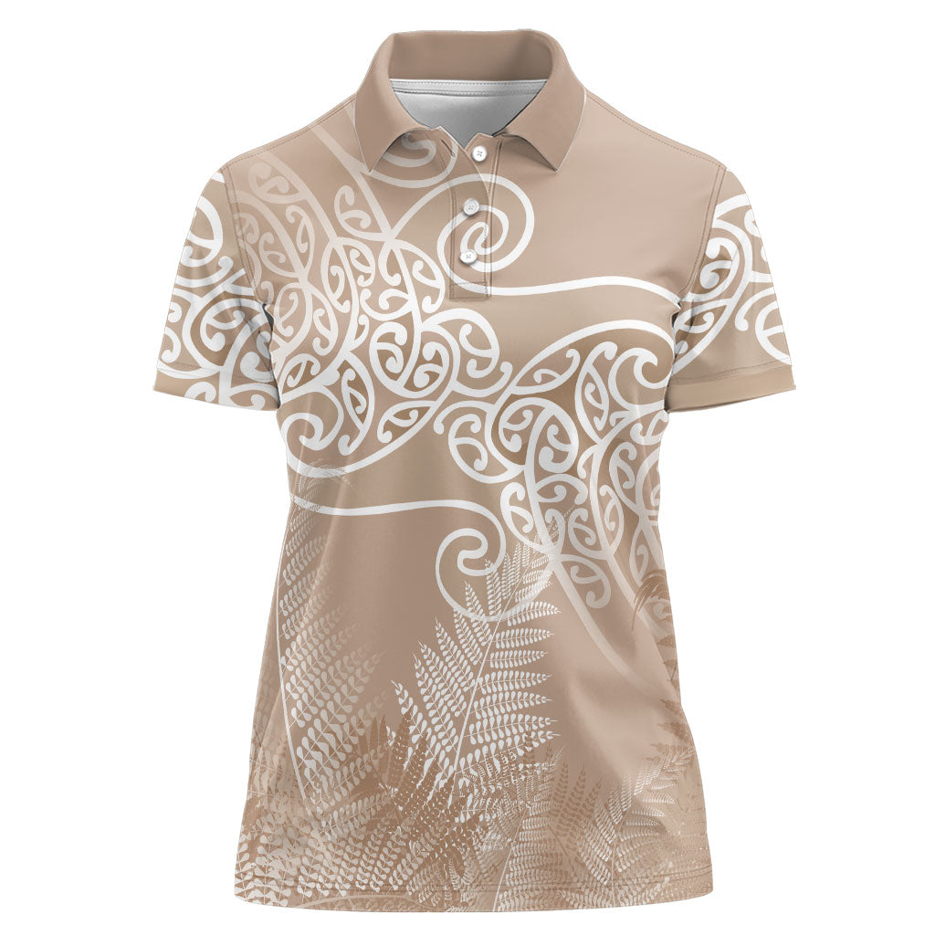 Aotearoa Maori Koru Curves Women Polo Shirt Silver Ferns - Mocha LT7 Female Beige - Polynesian Pride