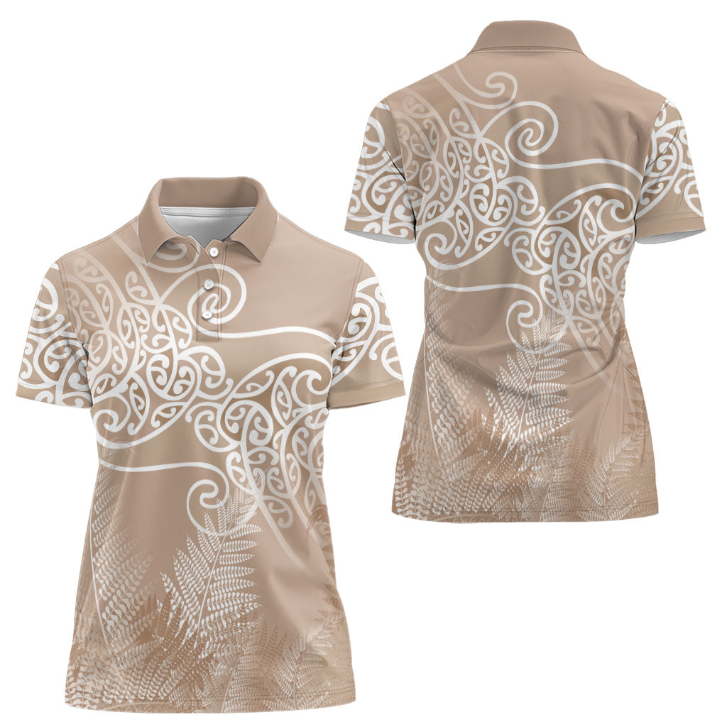 Aotearoa Maori Koru Curves Women Polo Shirt Silver Ferns - Mocha LT7 - Polynesian Pride