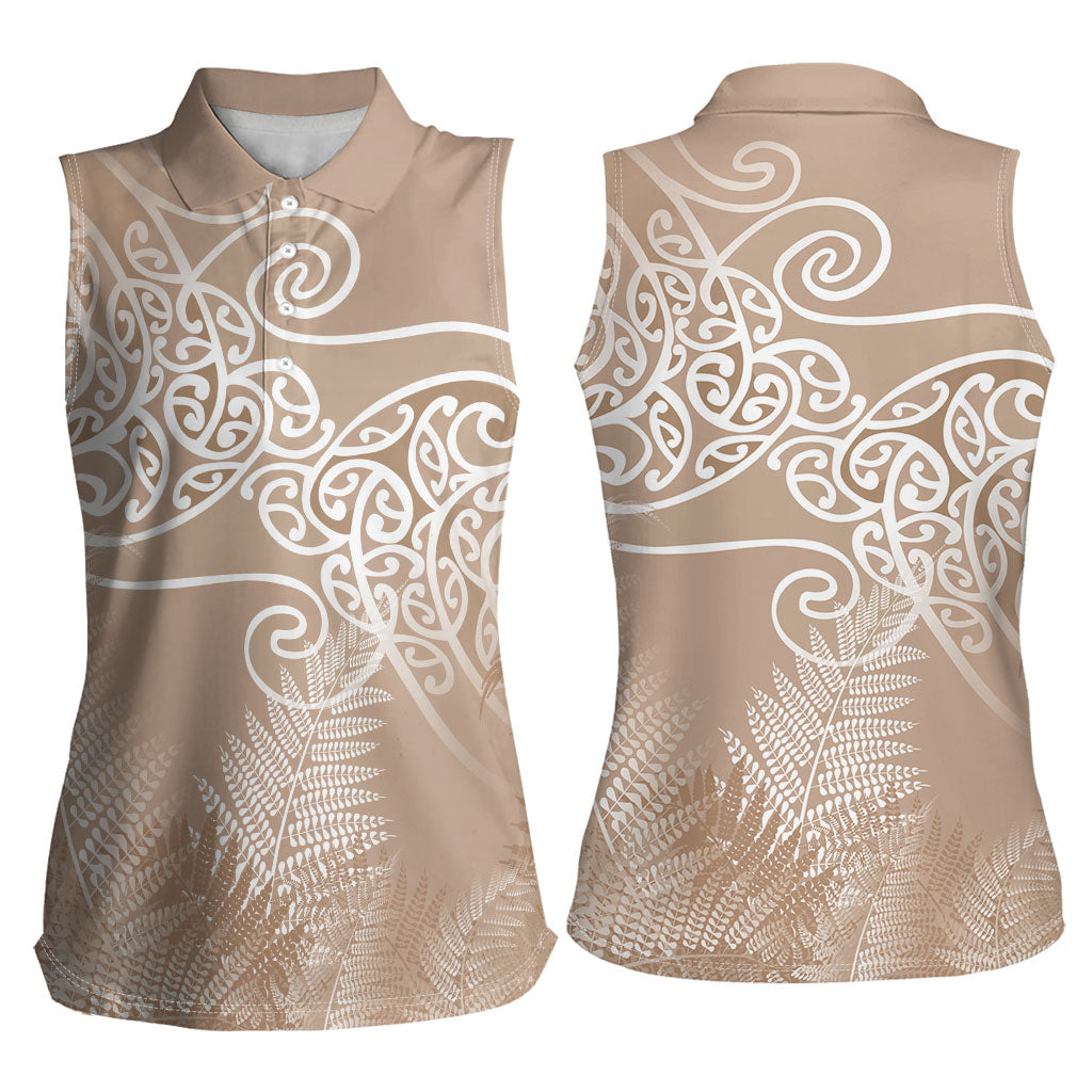 Aotearoa Maori Koru Curves Women Sleeveless Polo Shirt Silver Ferns - Mocha LT7 - Polynesian Pride