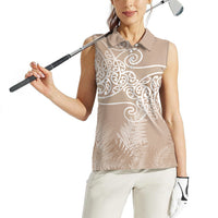Aotearoa Maori Koru Curves Women Sleeveless Polo Shirt Silver Ferns - Mocha LT7 - Polynesian Pride