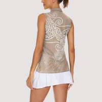 Aotearoa Maori Koru Curves Women Sleeveless Polo Shirt Silver Ferns - Mocha LT7 - Polynesian Pride