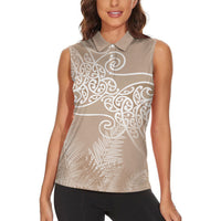 Aotearoa Maori Koru Curves Women Sleeveless Polo Shirt Silver Ferns - Mocha LT7 - Polynesian Pride