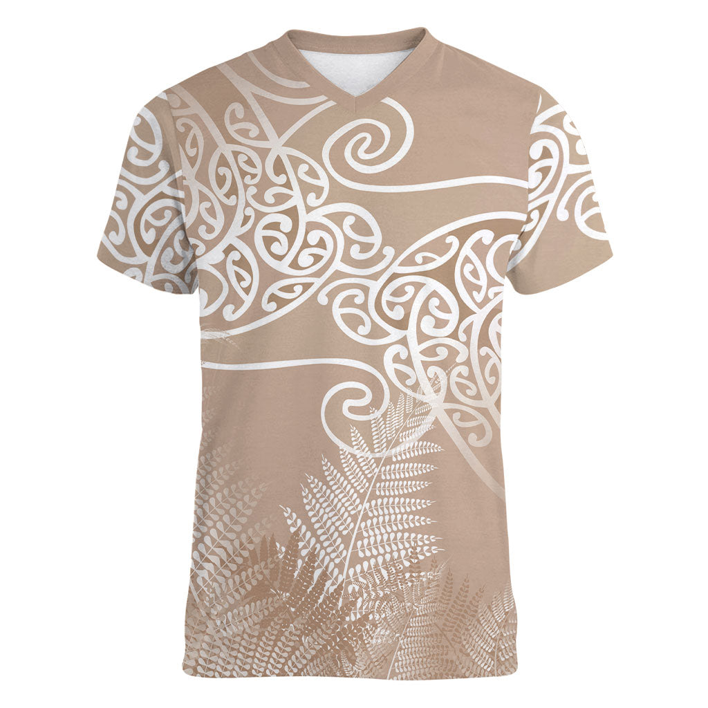 Aotearoa Maori Koru Curves Women V-Neck T-Shirt Silver Ferns - Mocha LT7 Female Beige - Polynesian Pride