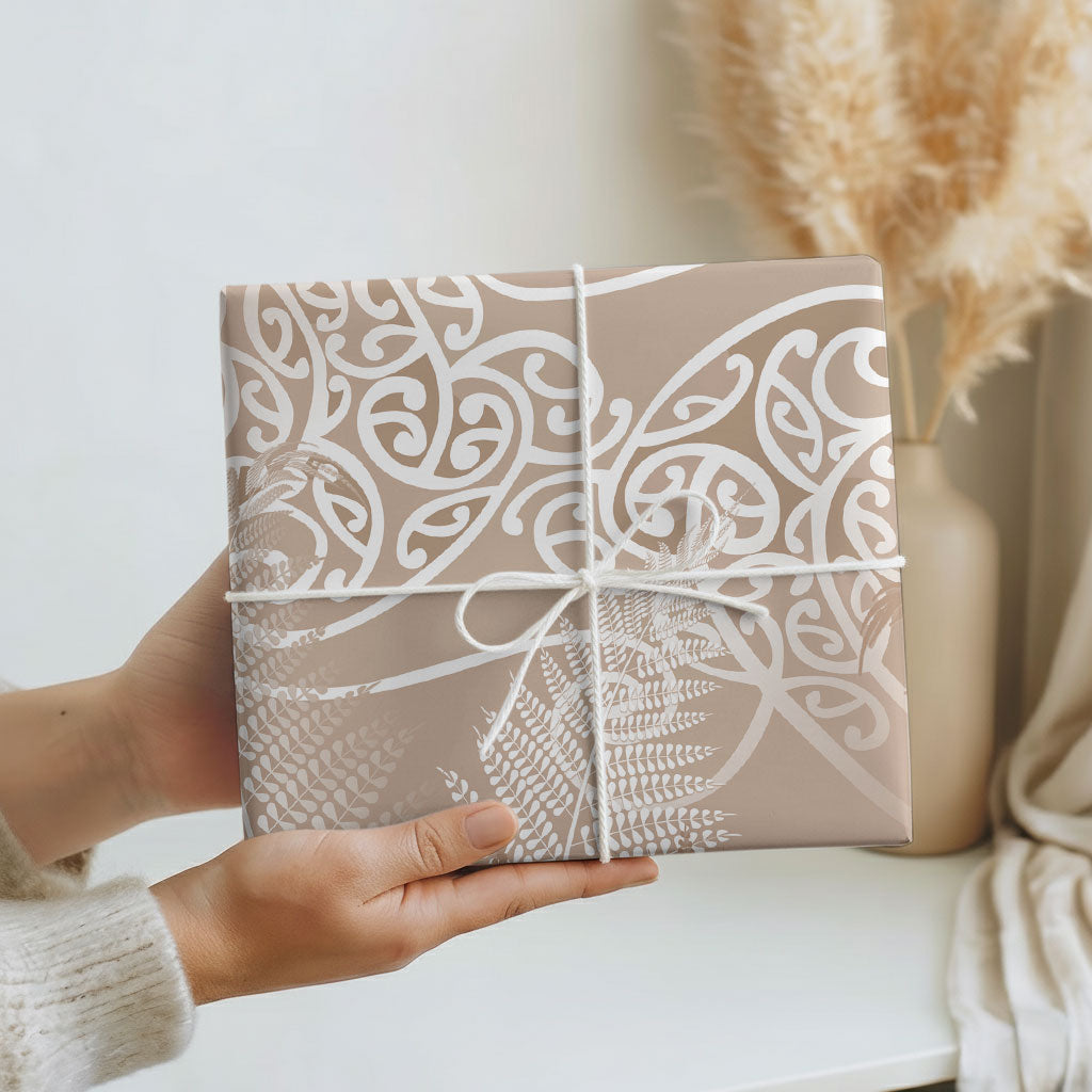 Aotearoa Maori Koru Curves Wrapping Paper Silver Ferns - Mocha LT7 - Polynesian Pride