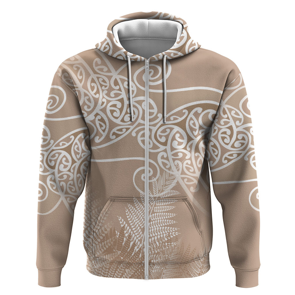 Aotearoa Maori Koru Curves Zip Hoodie Silver Ferns - Mocha LT7 Zip Hoodie Beige - Polynesian Pride