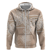 Aotearoa Maori Koru Curves Zip Hoodie Silver Ferns - Mocha LT7 Zip Hoodie Beige - Polynesian Pride