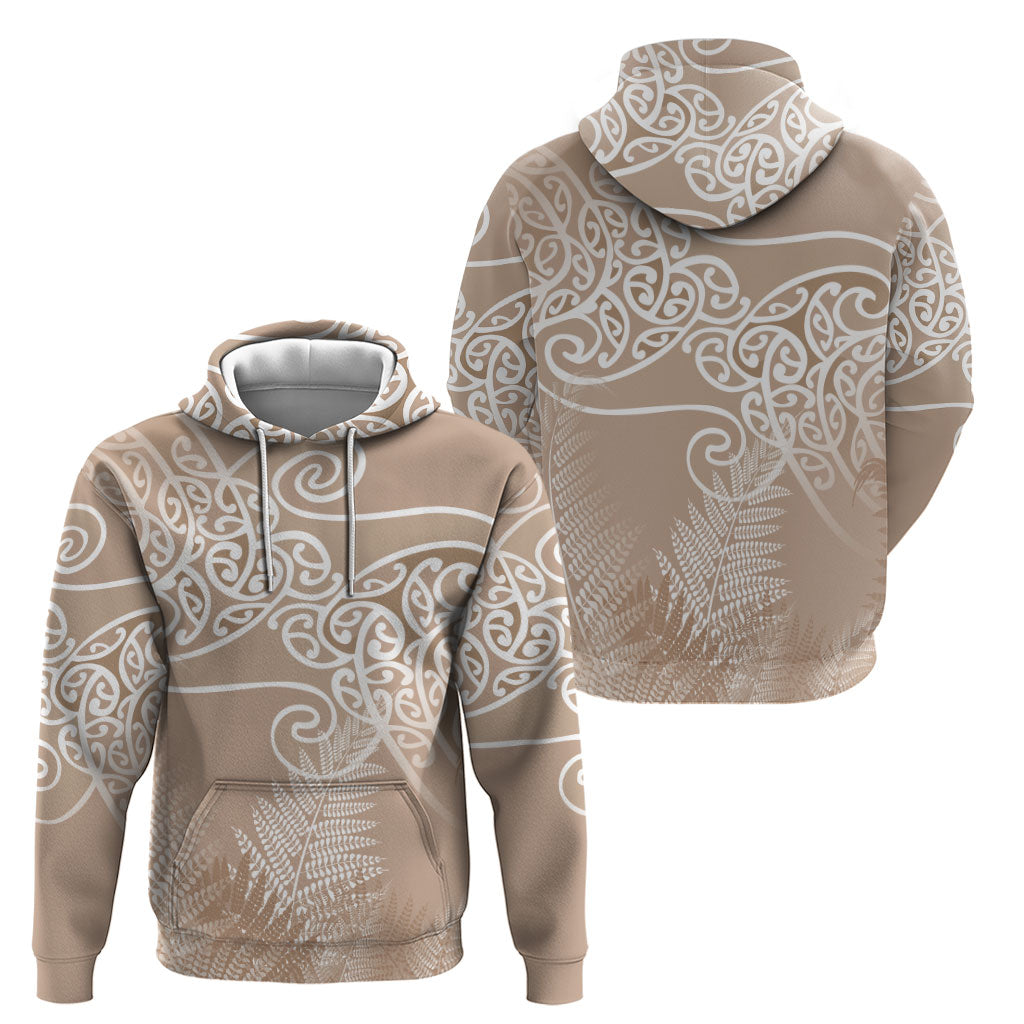 Aotearoa Maori Koru Curves Zip Hoodie Silver Ferns - Mocha LT7 - Polynesian Pride