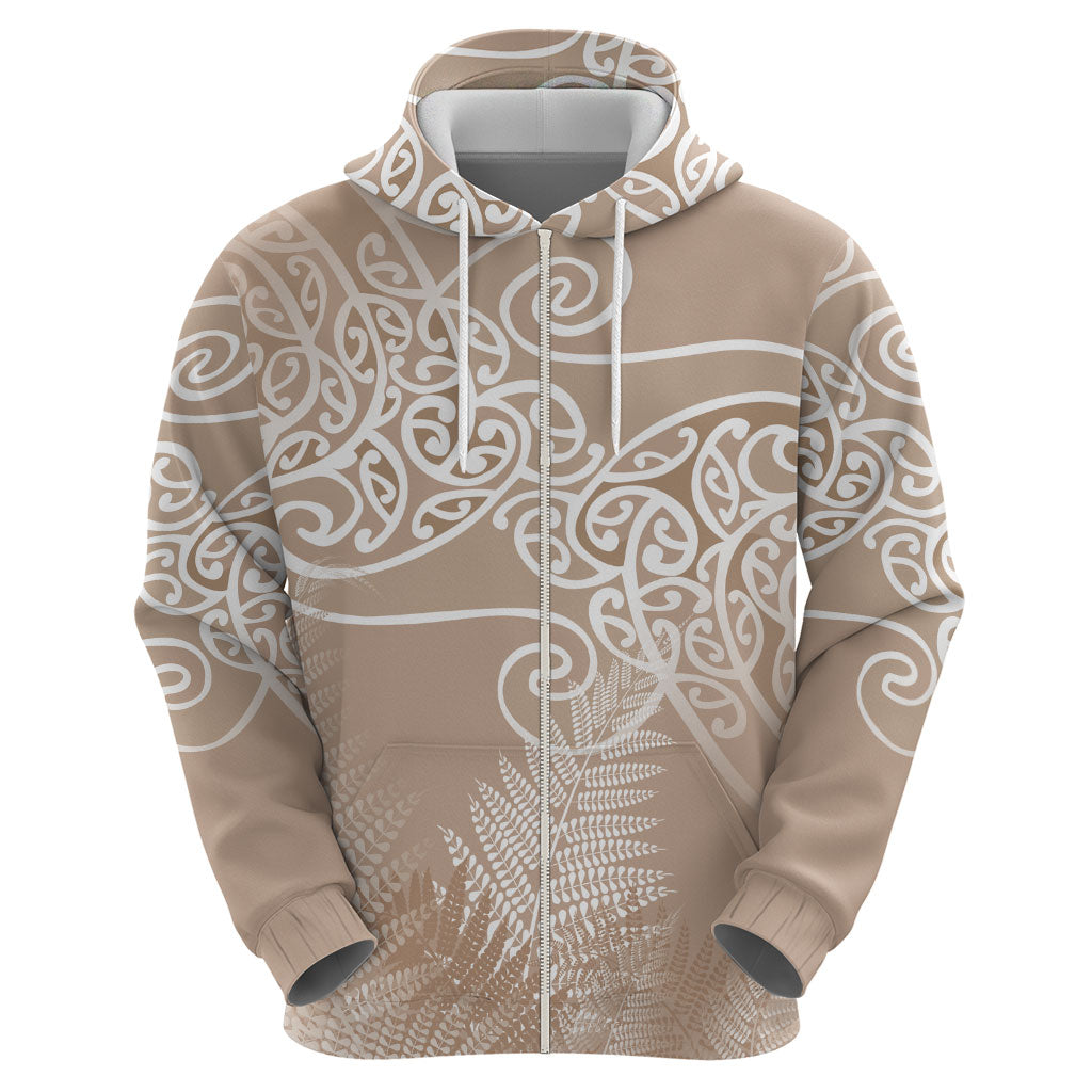 Aotearoa Maori Koru Curves Zip Hoodie Silver Ferns - Mocha LT7 - Polynesian Pride