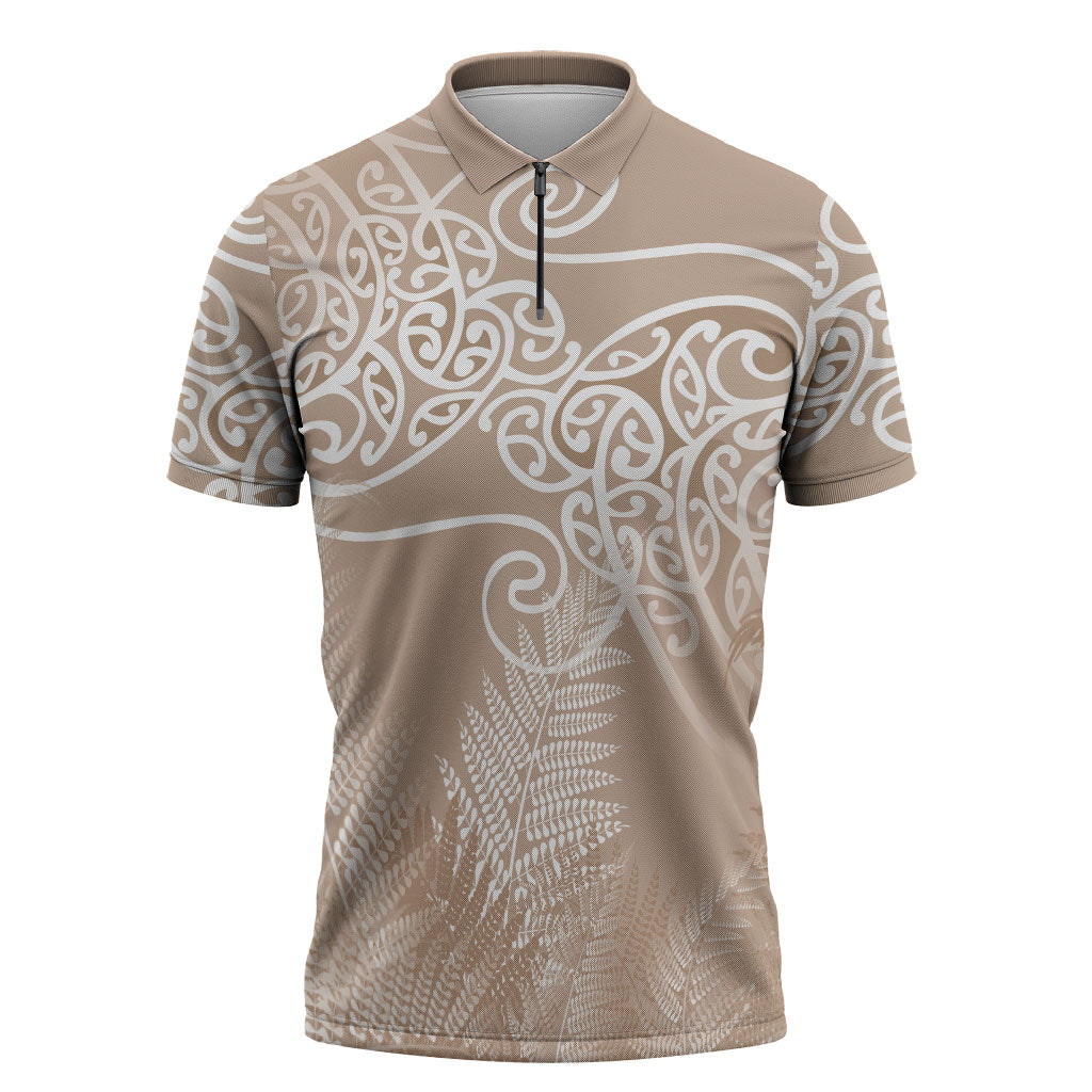 Aotearoa Maori Koru Curves Zipper Polo Shirt Silver Ferns - Mocha LT7 Beige - Polynesian Pride