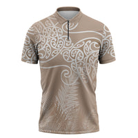 Aotearoa Maori Koru Curves Zipper Polo Shirt Silver Ferns - Mocha LT7 Beige - Polynesian Pride