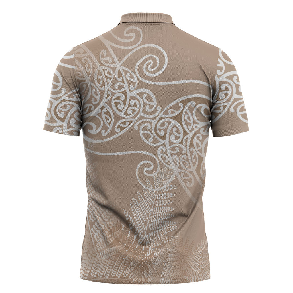 Aotearoa Maori Koru Curves Zipper Polo Shirt Silver Ferns - Mocha LT7 - Polynesian Pride