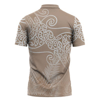Aotearoa Maori Koru Curves Zipper Polo Shirt Silver Ferns - Mocha LT7 - Polynesian Pride
