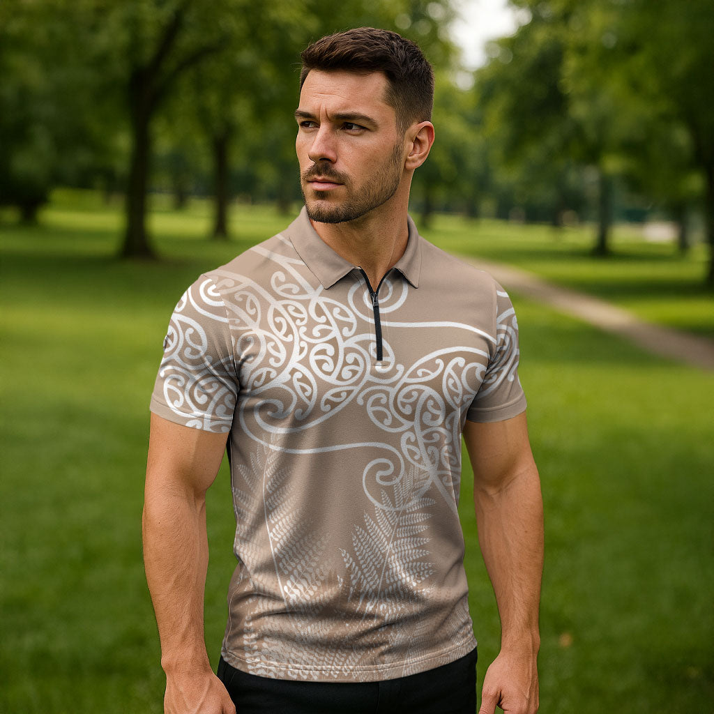 Aotearoa Maori Koru Curves Zipper Polo Shirt Silver Ferns - Mocha LT7 - Polynesian Pride
