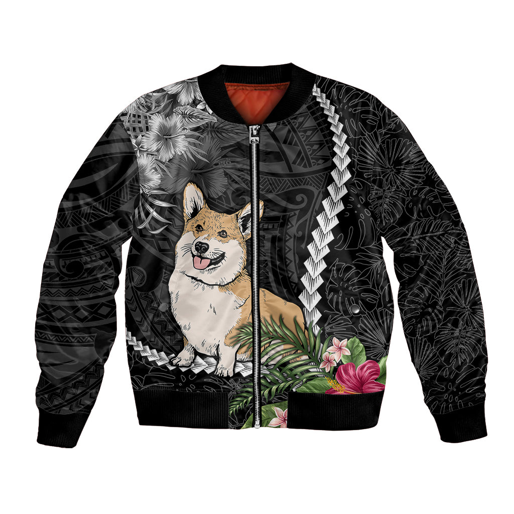 Personalised Polynesian Dog Bomber Jacket Corgi Mix Tropical Flowers LT7 Unisex Black - Polynesian Pride