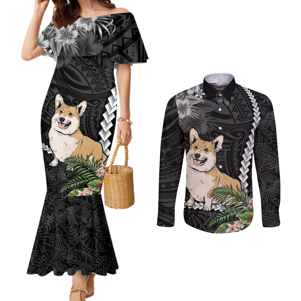 Personalised Polynesian Dog Couples Matching Mermaid Dress and Long Sleeve Button Shirts Corgi Mix Tropical Flowers LT7 Black - Polynesian Pride