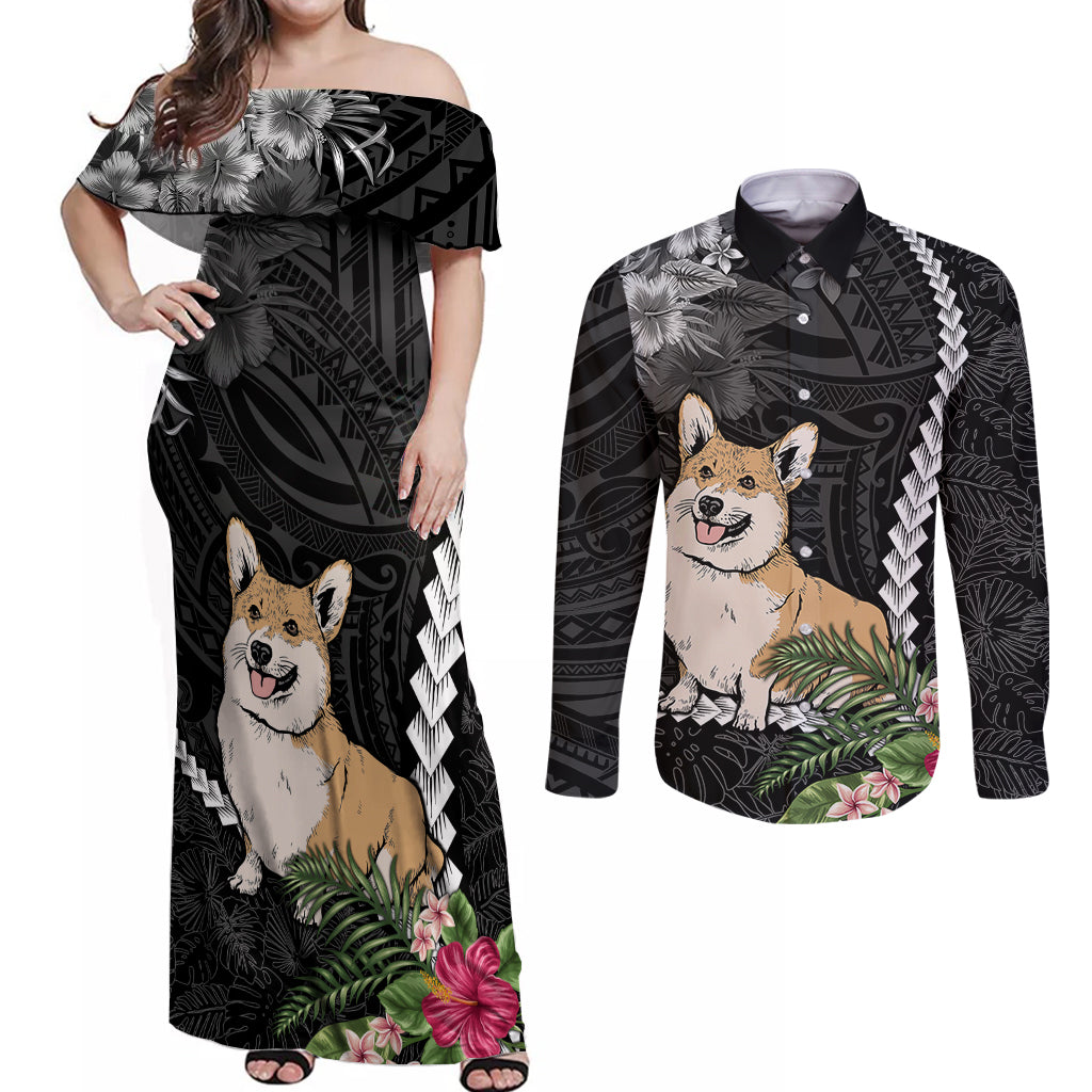 Personalised Polynesian Dog Couples Matching Off Shoulder Maxi Dress and Long Sleeve Button Shirts Corgi Mix Tropical Flowers LT7 Black - Polynesian Pride