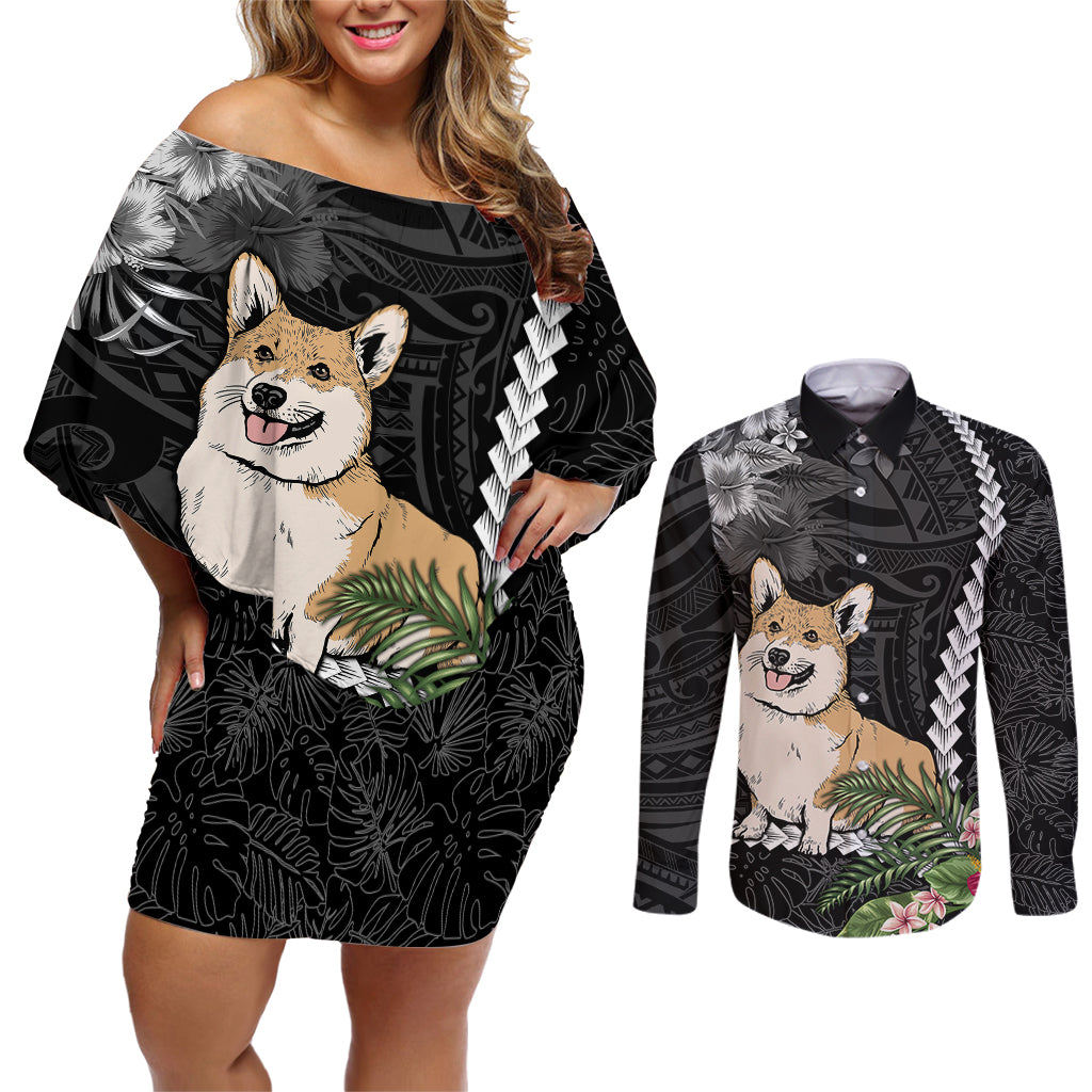 Personalised Polynesian Dog Couples Matching Off Shoulder Short Dress and Long Sleeve Button Shirts Corgi Mix Tropical Flowers LT7 Black - Polynesian Pride