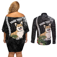 Personalised Polynesian Dog Couples Matching Off Shoulder Short Dress and Long Sleeve Button Shirts Corgi Mix Tropical Flowers LT7 - Polynesian Pride