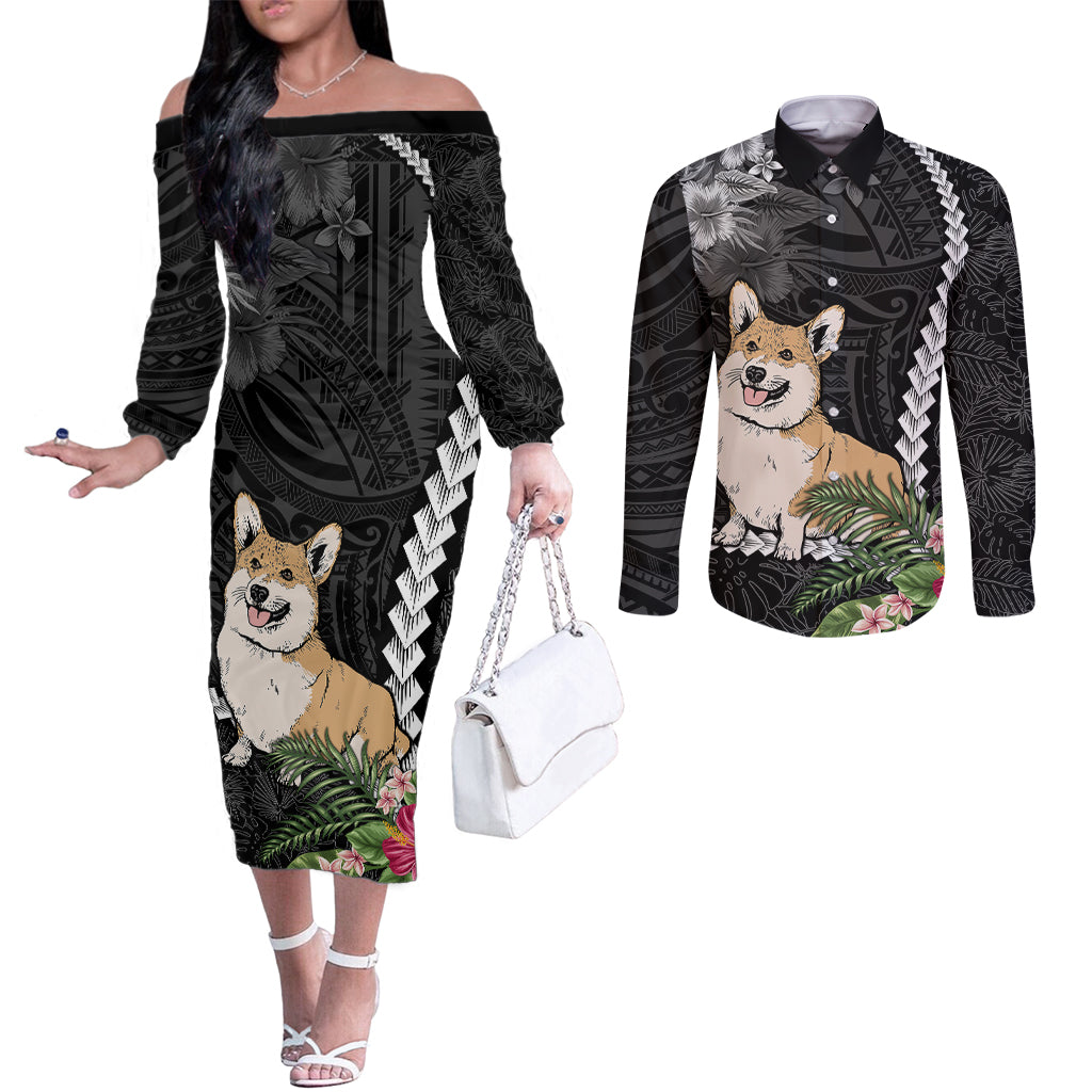 Personalised Polynesian Dog Couples Matching Off The Shoulder Long Sleeve Dress and Long Sleeve Button Shirts Corgi Mix Tropical Flowers LT7 Black - Polynesian Pride