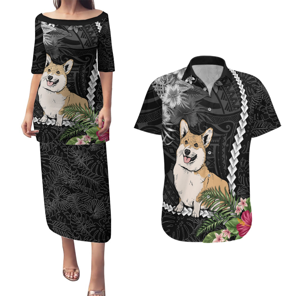 Personalised Polynesian Dog Couples Matching Puletasi Dress and Hawaiian Shirt Corgi Mix Tropical Flowers LT7 Black - Polynesian Pride