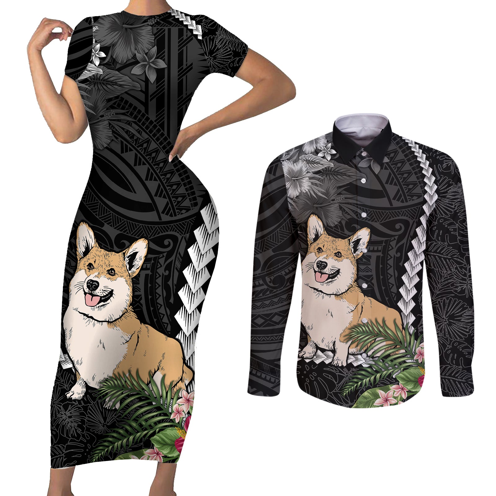 Personalised Polynesian Dog Couples Matching Short Sleeve Bodycon Dress and Long Sleeve Button Shirts Corgi Mix Tropical Flowers LT7 Black - Polynesian Pride