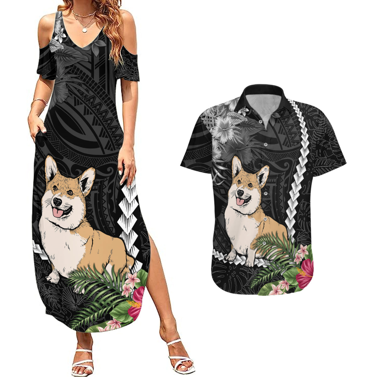 Personalised Polynesian Dog Couples Matching Summer Maxi Dress and Hawaiian Shirt Corgi Mix Tropical Flowers LT7 Black - Polynesian Pride