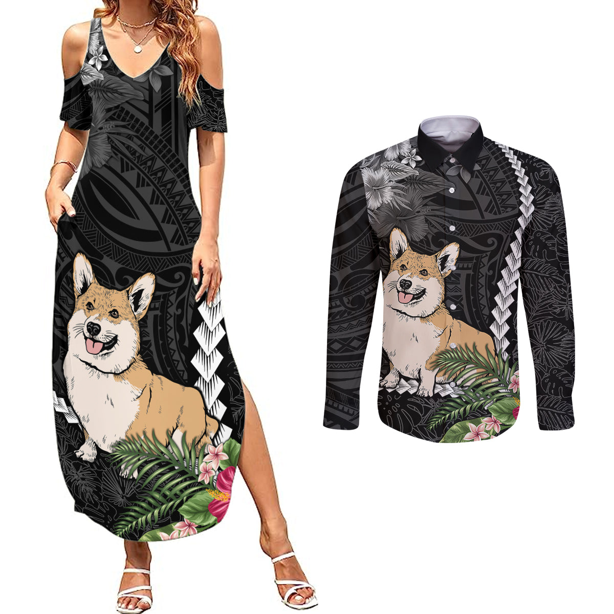 Personalised Polynesian Dog Couples Matching Summer Maxi Dress and Long Sleeve Button Shirts Corgi Mix Tropical Flowers LT7 Black - Polynesian Pride