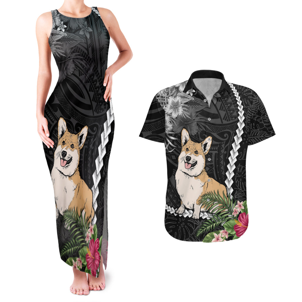 Personalised Polynesian Dog Couples Matching Tank Maxi Dress And Hawaiian Shirt Corgi Mix Tropical Flowers LT7 Black - Polynesian Pride