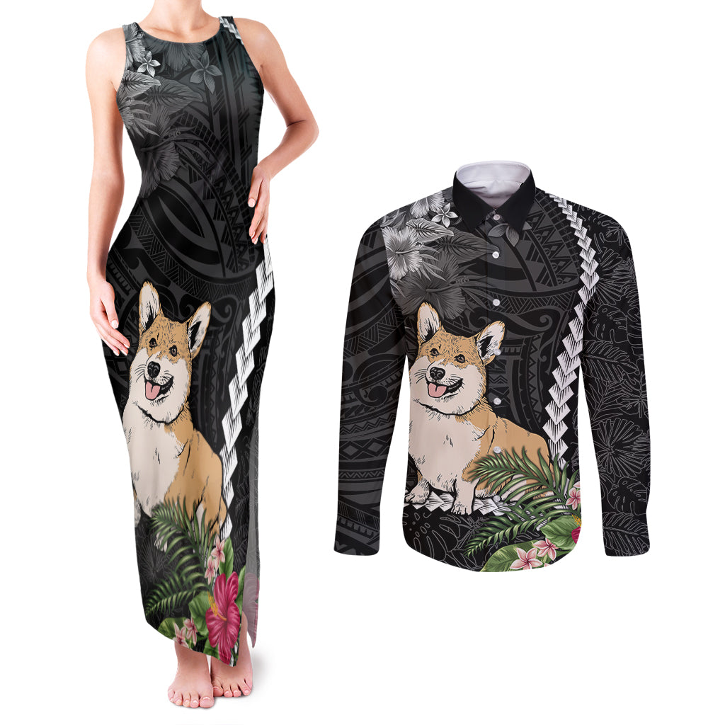 Personalised Polynesian Dog Couples Matching Tank Maxi Dress and Long Sleeve Button Shirts Corgi Mix Tropical Flowers LT7 Black - Polynesian Pride