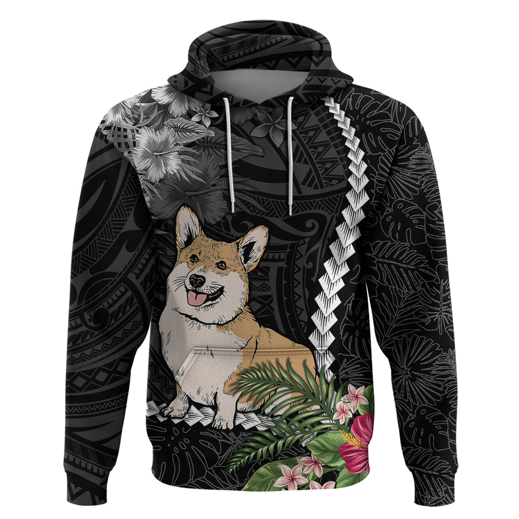 Custom Polynesian Dog Hoodie Corgi Mix Tropical Flowers LT7 Pullover Hoodie Black - Polynesian Pride