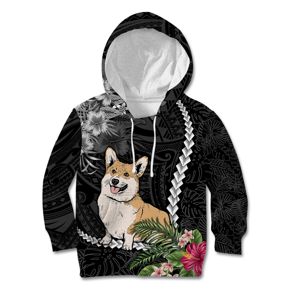 Personalised Polynesian Dog Kid Hoodie Corgi Mix Tropical Flowers LT7 Hoodie Black - Polynesian Pride