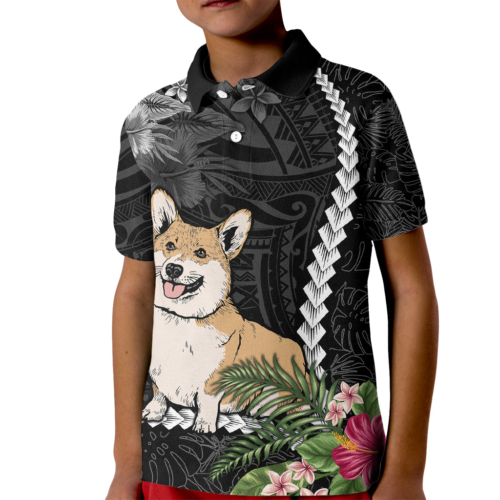 Personalised Polynesian Dog Kid Polo Shirt Corgi Mix Tropical Flowers LT7 Kid Black - Polynesian Pride