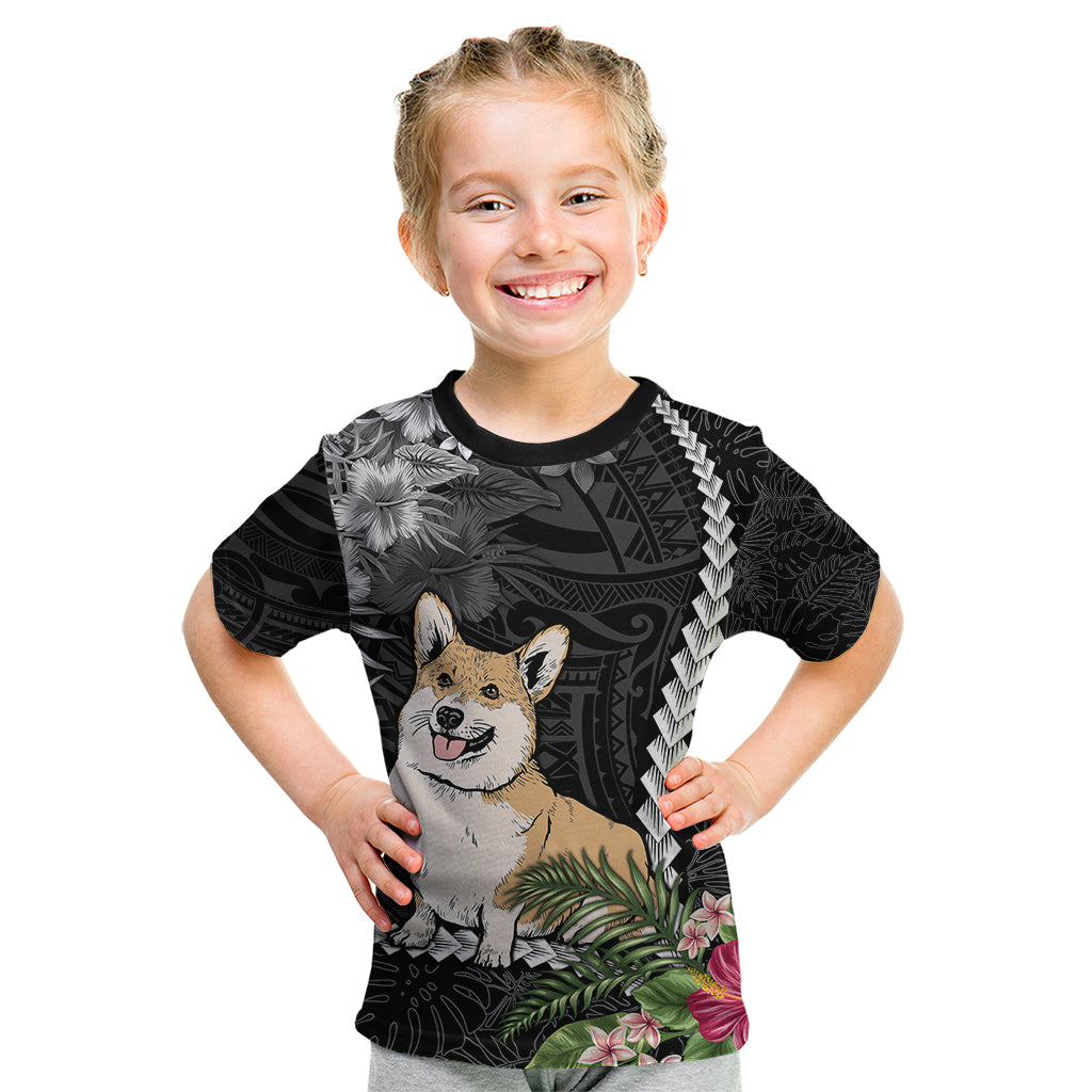 Personalised Polynesian Dog Kid T Shirt Corgi Mix Tropical Flowers LT7 Black - Polynesian Pride