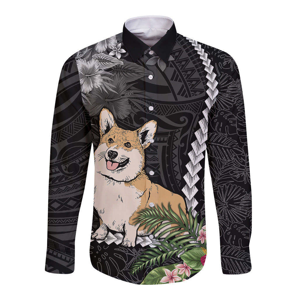 Personalised Polynesian Dog Long Sleeve Button Shirt Corgi Mix Tropical Flowers LT7 Unisex Black - Polynesian Pride