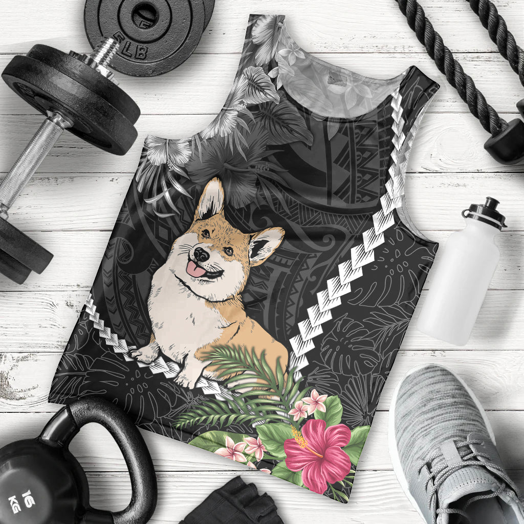 Personalised Polynesian Dog Men Tank Top Corgi Mix Tropical Flowers LT7 Black - Polynesian Pride