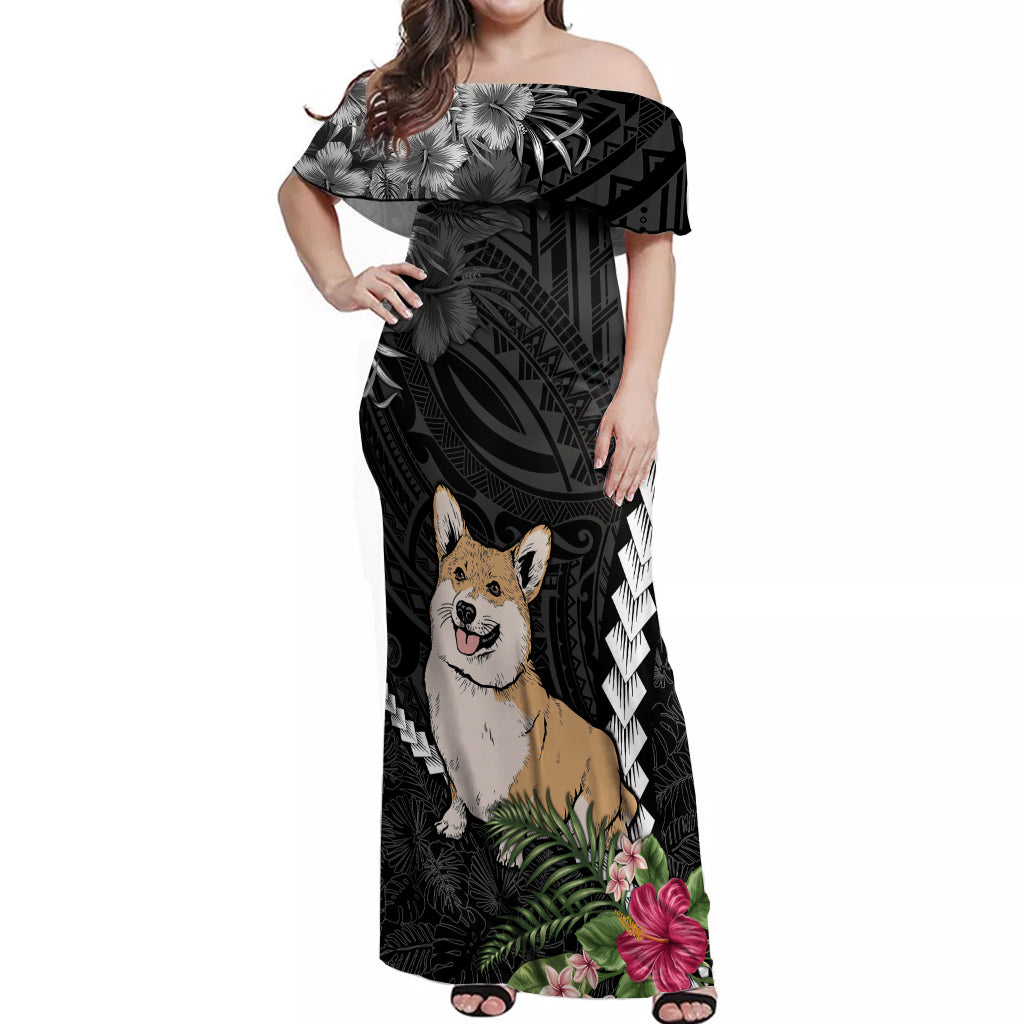 Personalised Polynesian Dog Off Shoulder Maxi Dress Corgi Mix Tropical Flowers LT7 Women Black - Polynesian Pride