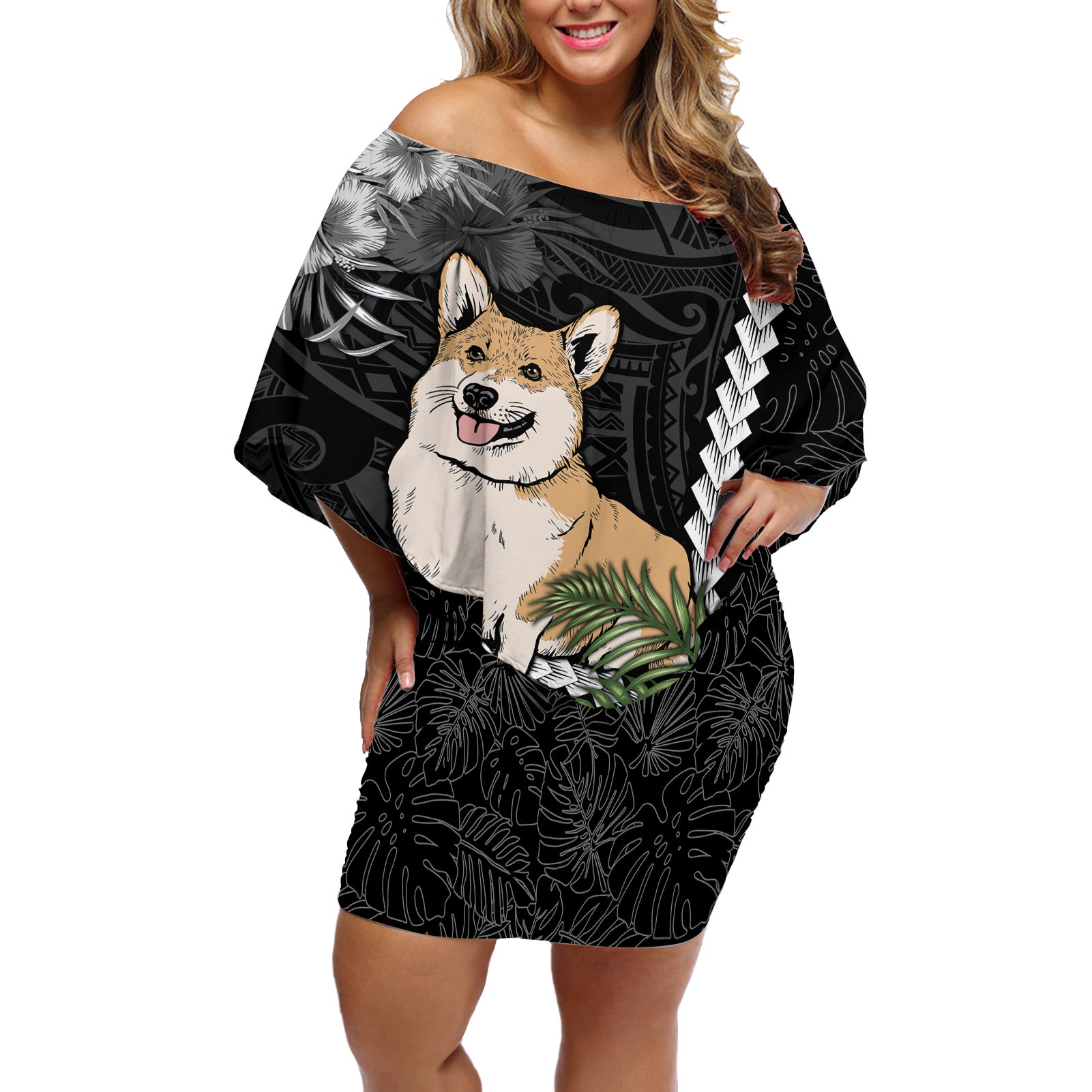 Personalised Polynesian Dog Off Shoulder Short Dress Corgi Mix Tropical Flowers LT7 Women Black - Polynesian Pride