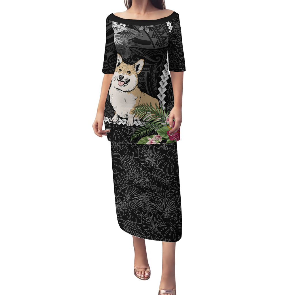 Personalised Polynesian Dog Puletasi Corgi Mix Tropical Flowers LT7 Long Dress Black - Polynesian Pride