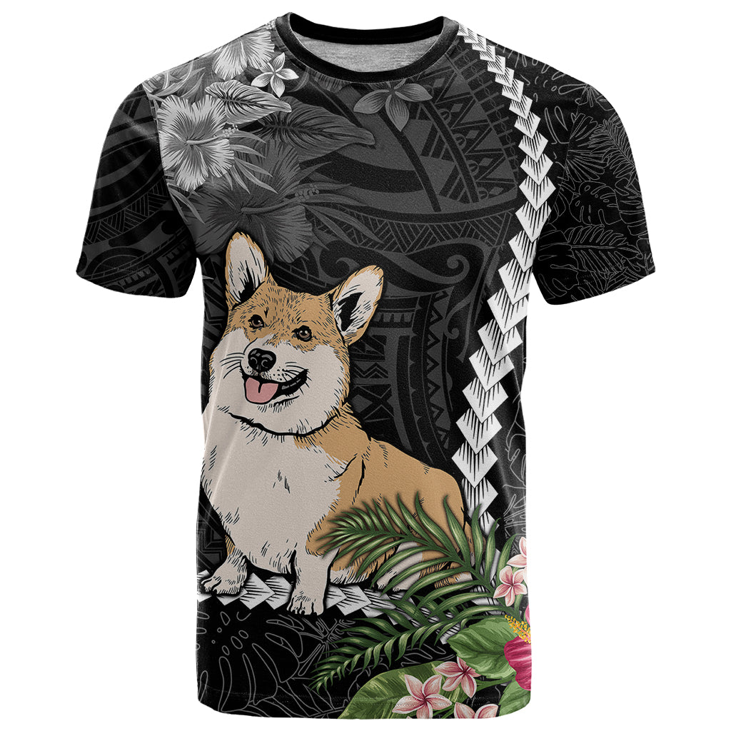 Custom Polynesian Dog T Shirt Corgi Mix Tropical Flowers LT7 Black - Polynesian Pride