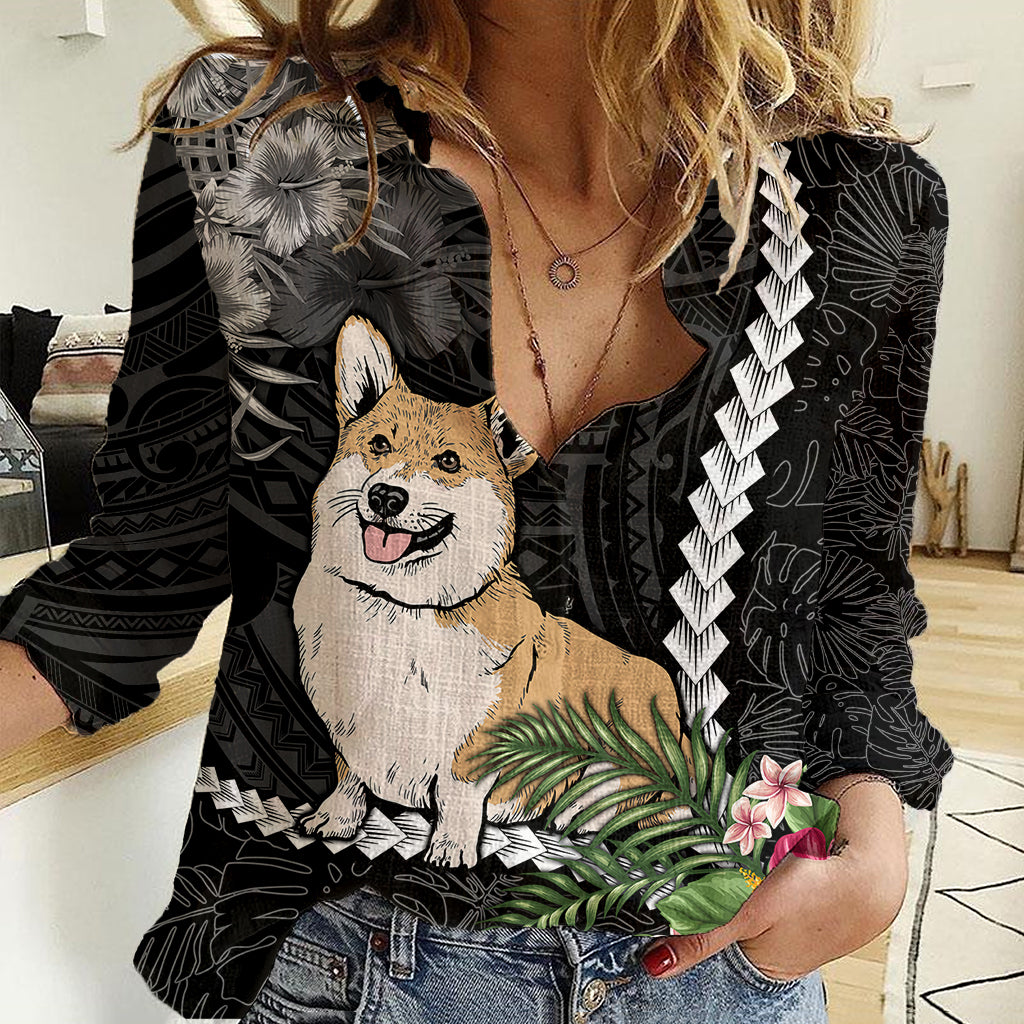 Personalised Polynesian Dog Women Casual Shirt Corgi Mix Tropical Flowers LT7 Female Black - Polynesian Pride